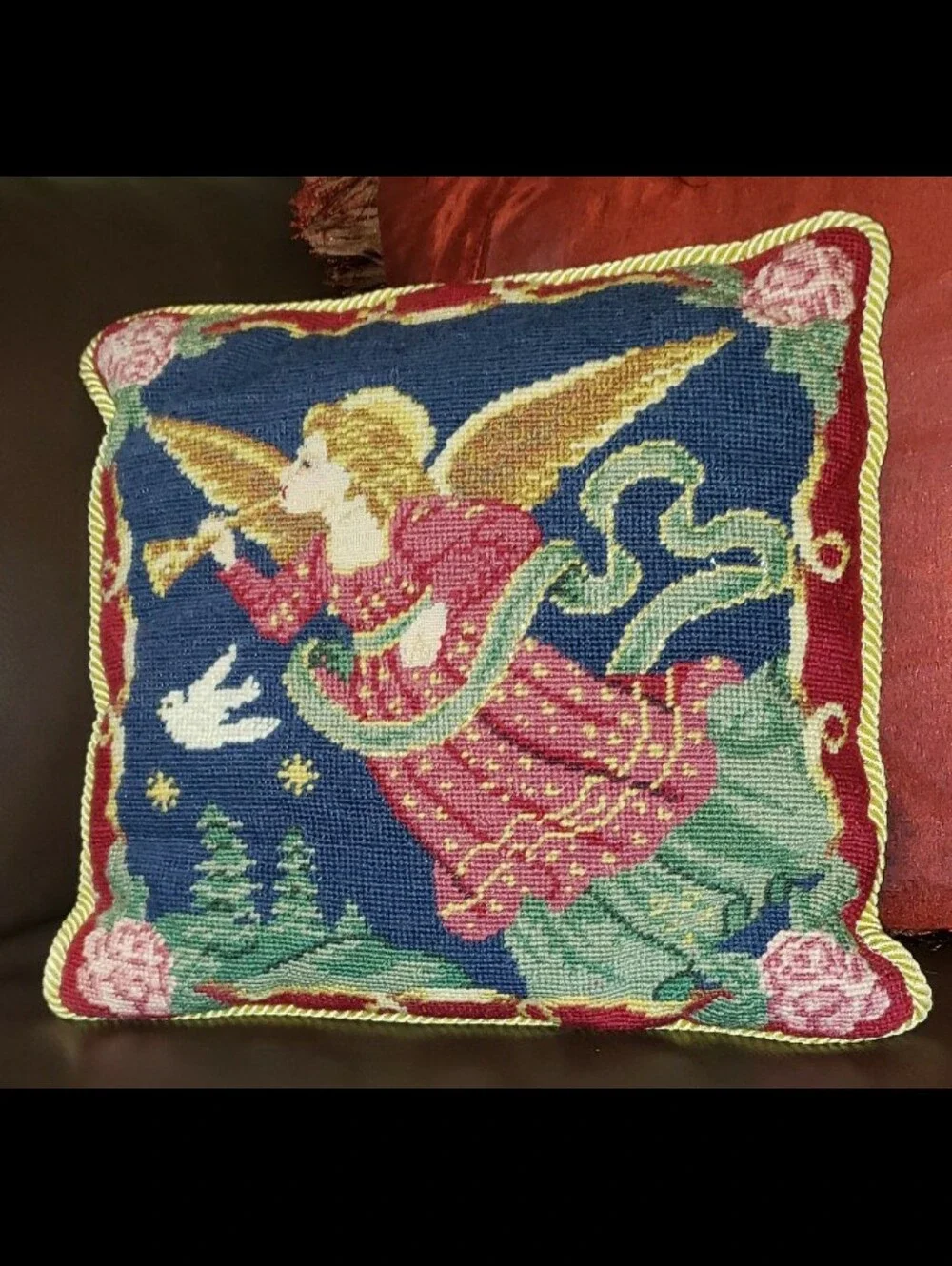 Vintage Christmas Angel Wool Needlepoint Pillow